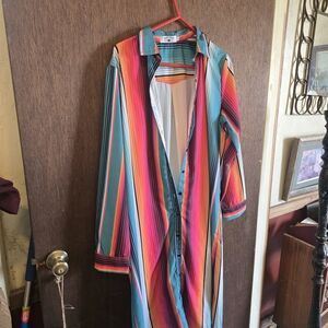 Crazy Train Multistripe Button-Front Long Shirt Dress - Teal, Pink, Orange